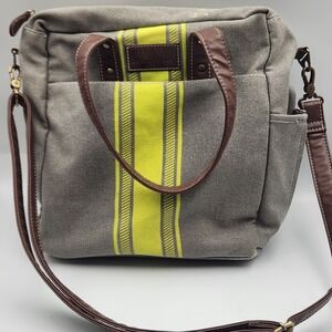 Maika Waxed Canvas Tote Crossbody Bag Striped‎ Gray Yellow PU Leather 11x11